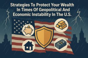 Header-style illustration showing the U.S. flag under stormy, rainy skies with lightning in the background. Large title text at the top reads ‘Strategies To Protect Your Wealth In Times Of Geopolitical And Economic Instability In The U.S.’ In front of the flag there is a central shield icon symbolizing protection, surrounded by four circular financial icons: a piggy bank (savings), a house (real estate), stacked gold bars (precious metals), and a bundle of cash (liquidity). Dark city skyline silhouettes appear on both sides, reinforcing an atmosphere of uncertainty and economic risk.