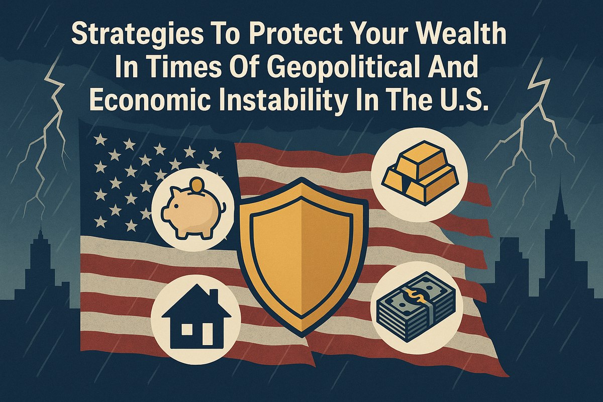 Header-style illustration showing the U.S. flag under stormy, rainy skies with lightning in the background. Large title text at the top reads ‘Strategies To Protect Your Wealth In Times Of Geopolitical And Economic Instability In The U.S.’ In front of the flag there is a central shield icon symbolizing protection, surrounded by four circular financial icons: a piggy bank (savings), a house (real estate), stacked gold bars (precious metals), and a bundle of cash (liquidity). Dark city skyline silhouettes appear on both sides, reinforcing an atmosphere of uncertainty and economic risk.