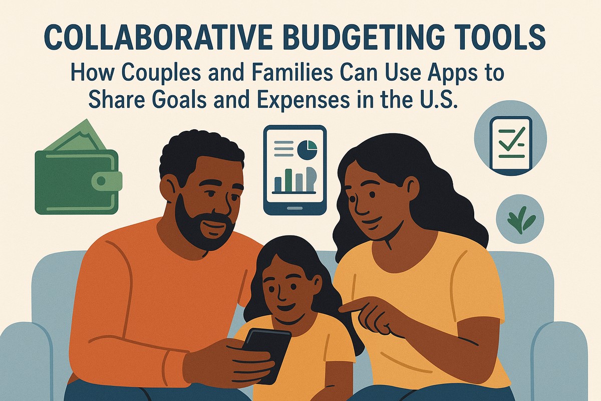 Soft, flat-style illustration of a family on a couch using a budgeting app. At the top, bold headline text reads ‘Collaborative budgeting tools’ with a subtitle explaining how couples and families can use apps to share goals and expenses in the U.S. In the foreground, an adult man and woman sit close together with a child between them, all looking at a smartphone the man is holding, suggesting shared financial planning. Around them float simple finance-related icons: a wallet on the left, a tablet displaying charts above, and circular symbols on the right that resemble a checklist and savings/goal markers. The warm color palette and relaxed setting convey cooperation, trust, and calm household money management.