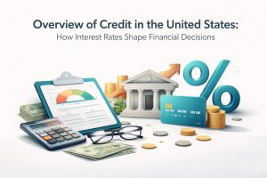 Illustration representing the credit landscape in the United States, featuring financial symbols such as a percentage sign, credit card, stacks of coins, cash bills, a classical bank building, and an upward arrow. Additional elements include a clipboard with financial charts, a calculator, and eyeglasses, symbolizing interest rates, lending decisions, financial analysis, and money management. The clean background emphasizes how interest rates influence borrowing, saving, and overall financial decision-making.