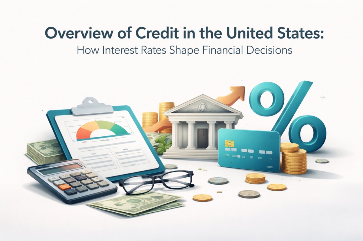 Illustration representing the credit landscape in the United States, featuring financial symbols such as a percentage sign, credit card, stacks of coins, cash bills, a classical bank building, and an upward arrow. Additional elements include a clipboard with financial charts, a calculator, and eyeglasses, symbolizing interest rates, lending decisions, financial analysis, and money management. The clean background emphasizes how interest rates influence borrowing, saving, and overall financial decision-making.