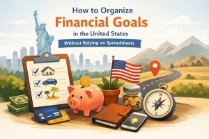 Illustrated scene showing how to organize financial goals in the United States without relying on spreadsheets. Visual elements include a checklist with icons representing housing, transportation, and lifestyle goals, a piggy bank with a coin, credit cards, cash, a wallet, a smartphone with a lightbulb icon, and a compass symbolizing guidance and planning. An American flag, a winding road, and a city skyline in the background represent long-term financial journeys, decision-making, and personal goal setting.