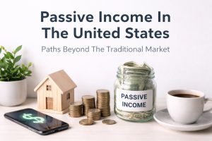 A clean, minimalist financial-themed composition with the headline “Passive Income In The United States” and the subtitle “Paths Beyond The Traditional Market” displayed at the top against a light background. On a light wooden surface below the text, several objects symbolize passive income strategies. On the left, a small green potted plant sits behind a wooden miniature house model. Next to the house are neatly stacked piles of gold-colored coins arranged in ascending heights, suggesting financial growth. In the center-right, a clear glass jar labeled “PASSIVE INCOME” is filled with U.S. dollar bills. In the foreground on the left side, a smartphone lies face-up displaying a glowing dollar sign on its screen. On the far right, a white coffee cup on a saucer contains black coffee.