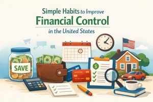 Illustrated image about simple habits to improve financial control in the United States. The background features the title text: “Simple Habits to Improve Financial Control in the United States.” On a light surface in the foreground, there is a glass jar labeled “SAVE” filled with coins and dollar bills, symbolizing savings. Next to it sits an open wallet containing cash and credit cards, a calculator, and a small checklist paper with green check marks. In the center, a calendar with a marked date suggests budgeting and planning. On the right, there is a clipboard with a financial checklist, a magnifying glass, a pen, and a cup of coffee placed on a book. In the background, a suburban house with a U.S. flag and a red car are visible, representing personal finance and household management. No real people are present in the image.