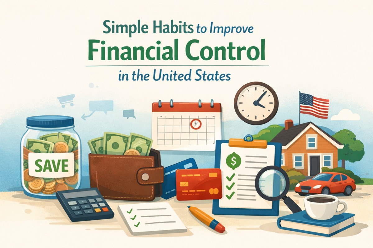 Illustrated image about simple habits to improve financial control in the United States. The background features the title text: “Simple Habits to Improve Financial Control in the United States.” On a light surface in the foreground, there is a glass jar labeled “SAVE” filled with coins and dollar bills, symbolizing savings. Next to it sits an open wallet containing cash and credit cards, a calculator, and a small checklist paper with green check marks. In the center, a calendar with a marked date suggests budgeting and planning. On the right, there is a clipboard with a financial checklist, a magnifying glass, a pen, and a cup of coffee placed on a book. In the background, a suburban house with a U.S. flag and a red car are visible, representing personal finance and household management. No real people are present in the image.