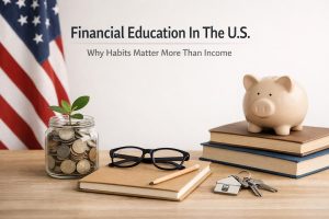 Financial education concept in the U.S. showing a piggy bank on books, jar of coins with a growing plant, house keys, and glasses on a desk with an American flag in the background, representing money habits, saving, and personal finance learning.