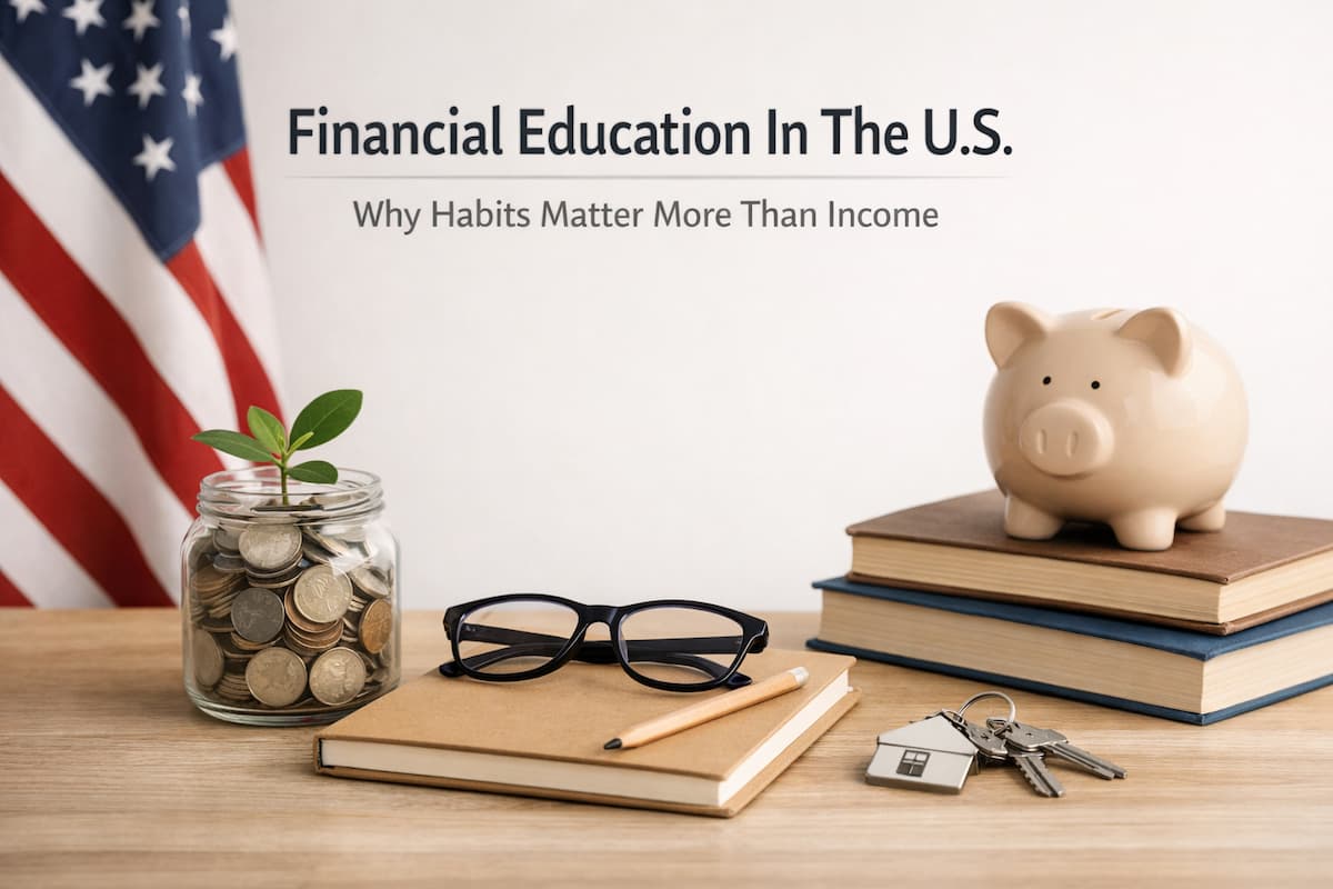 Financial education concept in the U.S. showing a piggy bank on books, jar of coins with a growing plant, house keys, and glasses on a desk with an American flag in the background, representing money habits, saving, and personal finance learning.