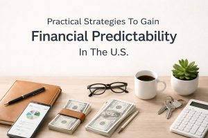 Personal finance planning concept in the U.S. with cash bundles, smartphone budget app, calculator, house keys, notebook, and coffee on a desk, illustrating strategies for financial predictability, budgeting, and money management.