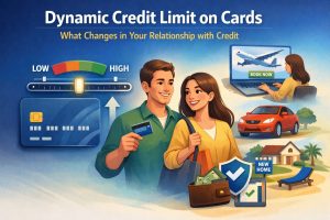 Dynamic credit limit concept with couple using credit card, financial growth meter, and lifestyle purchases like travel, car, and home in the U.S.