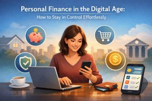Personal finance in the digital age concept with woman using smartphone and laptop to manage money, savings, and online banking apps