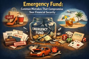 Emergency fund concept showing common financial mistakes like overspending, debt, gambling and unexpected expenses with savings jar and money illustration
