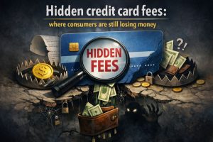 Hidden credit card fees concept illustration showing a magnifying glass highlighting 'hidden fees' on a credit card, surrounded by money traps, cash, and financial risk symbols, representing consumer financial loss and banking charges