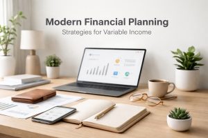 Modern financial planning workspace with laptop displaying charts, notebook, smartphone, and coffee on a desk, illustrating strategies for managing variable income and personal finance organization