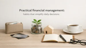 Practical financial management concept with coins in a glass jar, small house model, credit cards, wallet, notebook, and coffee cup on a wooden desk, symbolizing budgeting, saving, and everyday financial decisions.