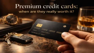 Premium credit card held in hand on a luxury desk with watch, car keys, and whiskey glass, symbolizing high-end lifestyle, financial status, and the value of premium credit card benefits.