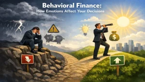 Behavioral finance concept showing two business paths with a stressed man in a storm and a confident man looking ahead with a telescope, symbolizing emotional vs rational financial decisions