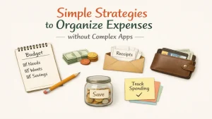 Simple strategies to organize expenses illustration with budget checklist, cash, receipts, wallet, savings jar, and notes for tracking spending without complex apps