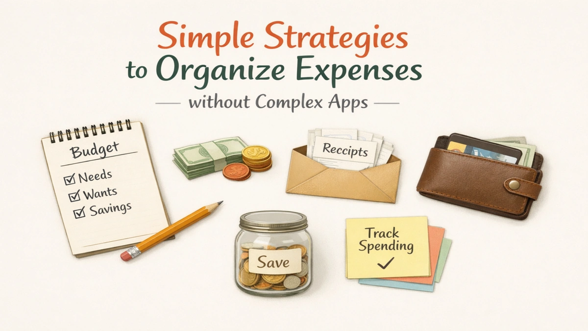 Simple strategies to organize expenses illustration with budget checklist, cash, receipts, wallet, savings jar, and notes for tracking spending without complex apps