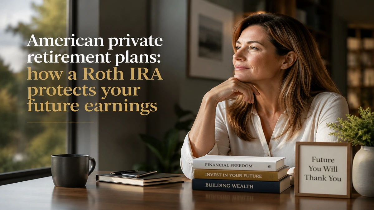 Professional editorial-style image of a woman reflecting on retirement planning in a modern home office, illustrating how a Roth IRA can protect future earnings through long-term investment strategies, tax-advantaged retirement savings, and financial security planning in the United States.