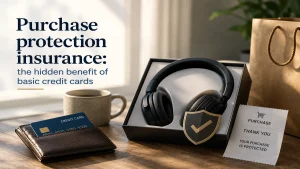 Professional editorial-style image illustrating purchase protection insurance as a hidden benefit of basic credit cards, featuring premium headphones, a credit card, shopping bag, receipt, and protection shield symbol in a modern minimalist setting focused on secure consumer purchases and financial protection.