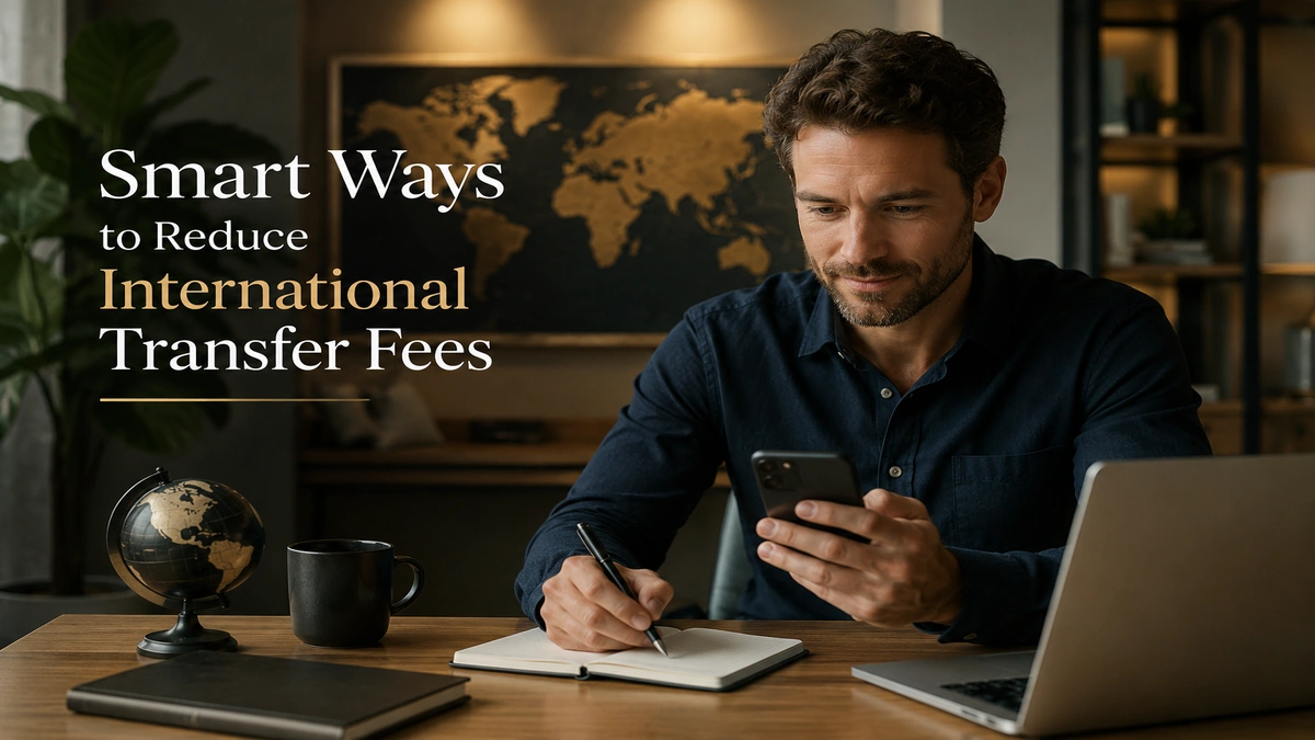 Professional businessman using a smartphone and laptop in a modern office while managing international money transfers and reducing transfer fees, cinematic financial lifestyle scene