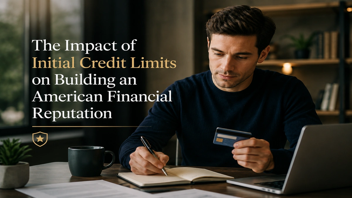 Young professional building credit history in the United States using a credit card and laptop in a modern office, representing financial reputation and smart credit management