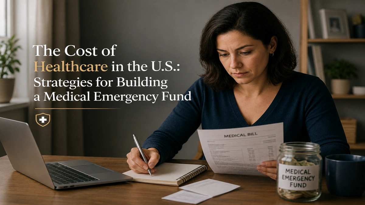 Woman reviewing medical expenses and planning a healthcare emergency savings fund in a modern home office, representing healthcare costs and financial preparation in the United States
