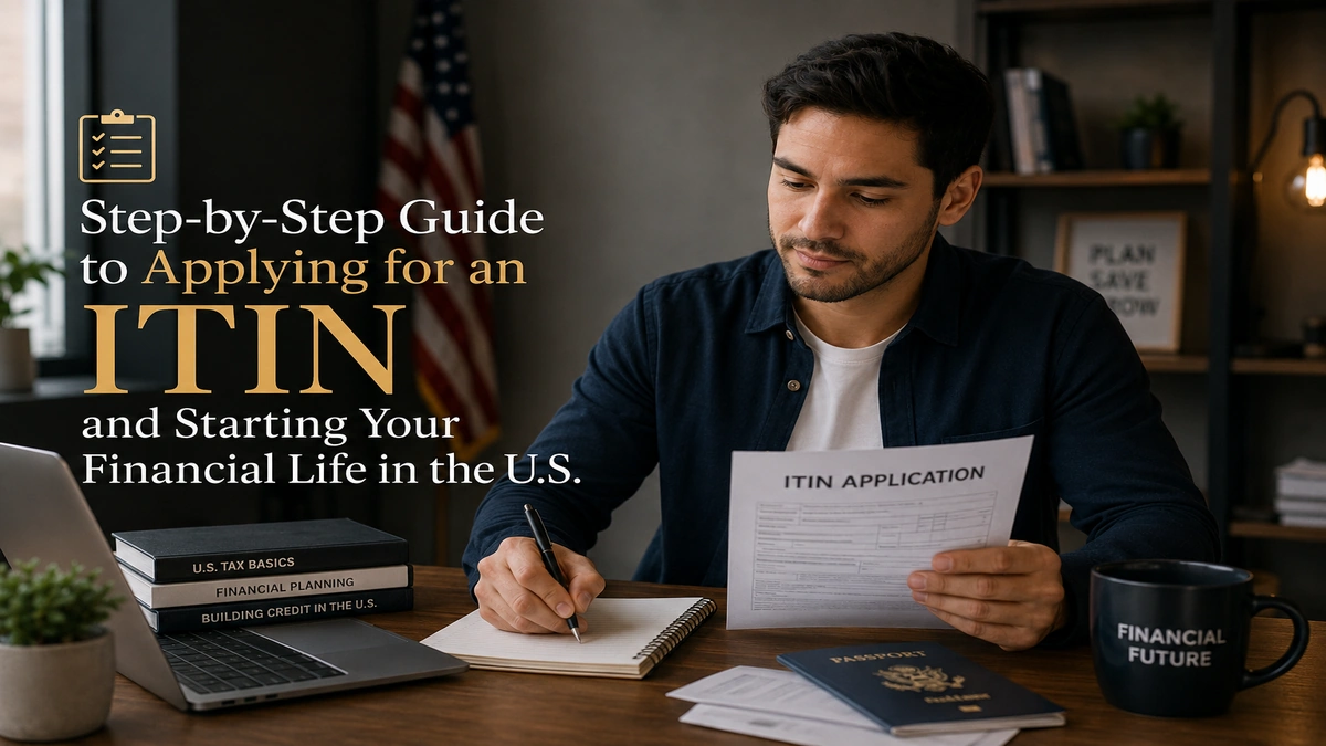 Young immigrant applying for an ITIN while organizing financial documents and planning a new financial life in the United States, modern professional workspace scene