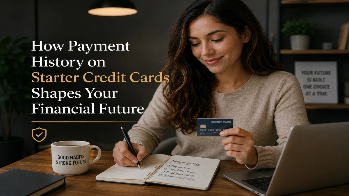Young woman managing starter credit card payments and building a strong financial future in a modern workspace, representing healthy credit habits and financial growth in the United States